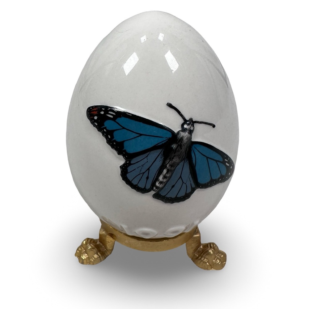 Goebel Germany 1991 Blue Butterfly Porcelain Egg‎ with Gold Footed Stand White